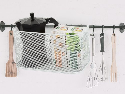 Kosár fém sínre szerelhető szervező függőkosár konyhai polc fehér