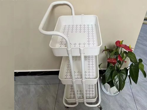 Fürdőszoba polc, konyhaszekrény, mobil állvány kerekeken, 3 szint, fehér