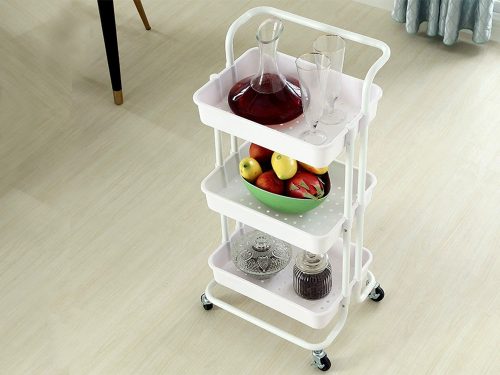 Fürdőszoba polc, konyhaszekrény, mobil állvány kerekeken, 3 szint, fehér