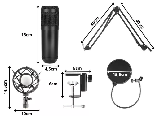Stúdió mikrofon XLR kapacitív szett állványhoz pop-filter kardioid