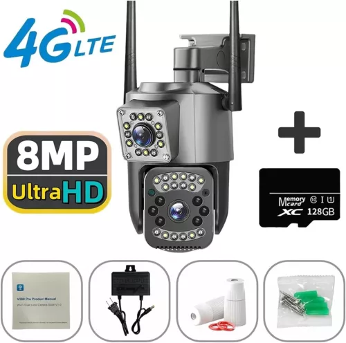 4G SIM kártyás Kültéri kamera V380 2x 4MPX PTZ zoom riasztó, max 128GB