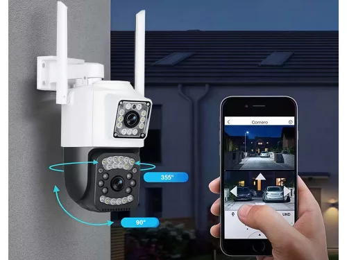 Két objektívvel ellátott kamera, Wi-Fi és 4G, kültéri, forgatható, mozgásérzékelő, IP fehér