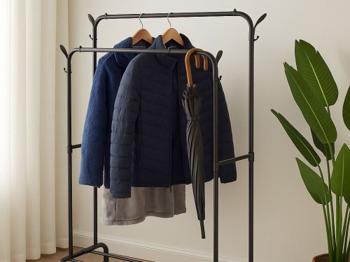 Álló ruhaakasztó polcokkal cipők és kabátok számára fém szekrény fekete