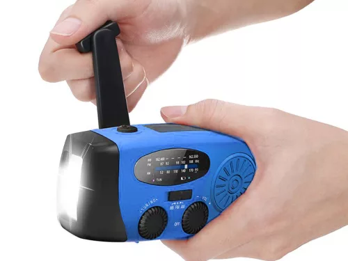 Napenergia-működésű zseblámpa újra tölthető akkumulátorral,dinamó, usb powerbank kék