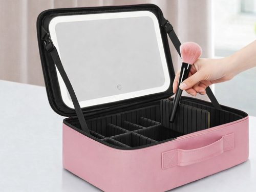 Kozmetikai táska utazási táska szervező doboz led tükrök, rózsaszín