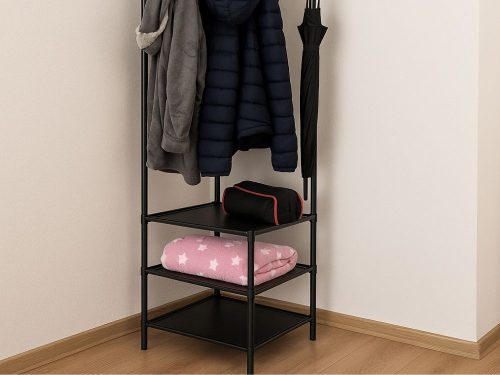 Sarokruhaakasztó cipőpolcokkal fém szekrény fekete