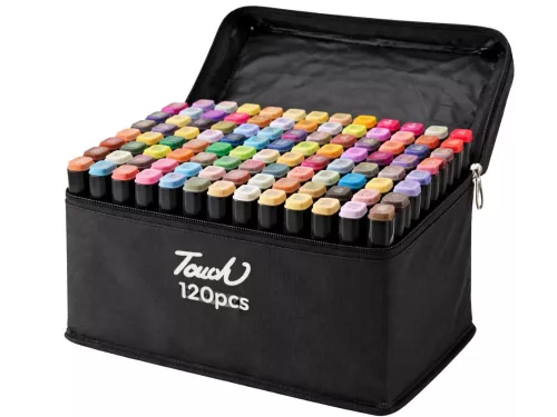 MARKERE ALCOOLICE TACTILE, SET 120 PIESE, PIX CU VERSO DUBLU, HUSA