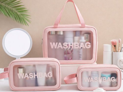 UTAZÓ KOZMETIKAI TÁSKA SZETT 3AZ1BEN ÁTLÁTSZÓ KOZMETIKUMOKHOZ