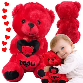   Plüssmaci„i love you” szívvel – ajándék, ölelhető kisállat, piros