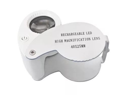 ÉKSZERÉSZ NAGYÍTÓ, 40-SZERES NAGYÍTÁS, ZSEBES, Összcsukható, 25 mm-ES, 9 LED-ES