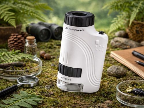 Kompakt optikai mikroszkóp, 120-szoros nagyítás, led-es megvilágítás, uv-fény, fókuszállítás, oktatási célra