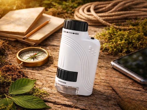 Kompakt optikai mikroszkóp, 120-szoros nagyítás, led-es megvilágítás, uv-fény, fókuszállítás, oktatási célra