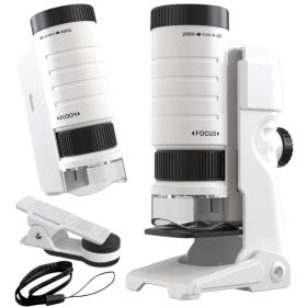   Kompakt mikroszkóp, mobiltelefonra rögzíthető nagyító, 200-szoros nagyítás, led-es és uv-fény