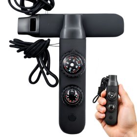   Vészjelző síp, fekete túra- és túlélő felszerelés, iránytű, zseblámpa, nagyító, hőmérő