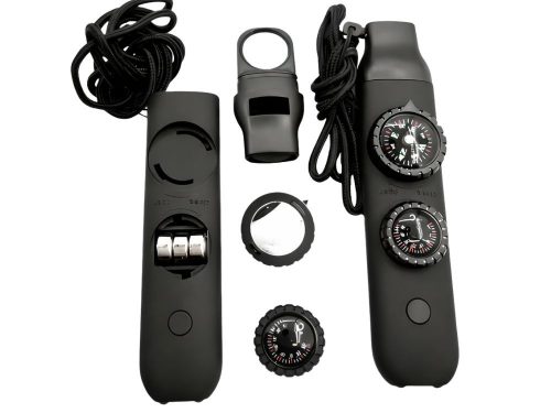 Vészjelző síp, fekete túra- és túlélő felszerelés, iránytű, zseblámpa, nagyító, hőmérő