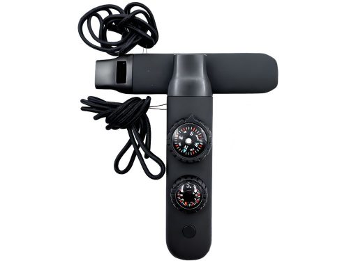 Vészjelző síp, fekete túra- és túlélő felszerelés, iránytű, zseblámpa, nagyító, hőmérő