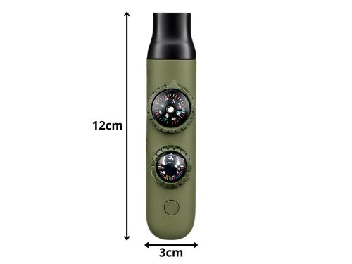 Zöld vészsíp, túra-survival, iránytű, zseblámpa, nagyító, zsinór