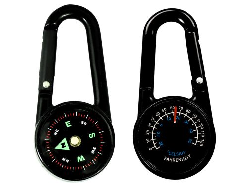 IRÁNYTŰ KARABINER FLUORESZCENS HŐMÉRŐ KULCSFÜGGESZTŐ TÚLÉLÉSI KÉSZLET