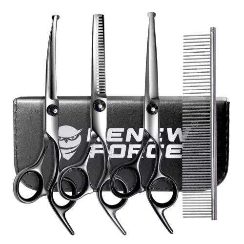 RENEW FORCE® Kisállat-kozmetikai készlet – 3 olló, fésű és tok