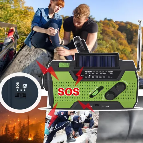 NAPELEMES hordozható vészjelző rádió  POWERBANKKEL ÉS DINAMÓVAL 2000mAh FM-AM2 090